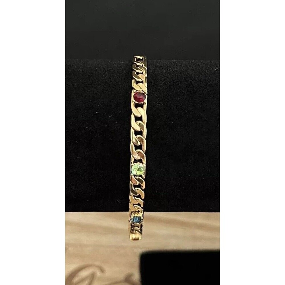 Gold Tone Red Blue Orange Green Rhinestone Link Tennis Bracelet 7.5"